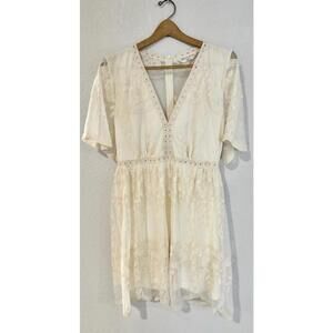 Bella Ella Women Ivory Crochet lace trim sheer back A-line dress Sz XL
